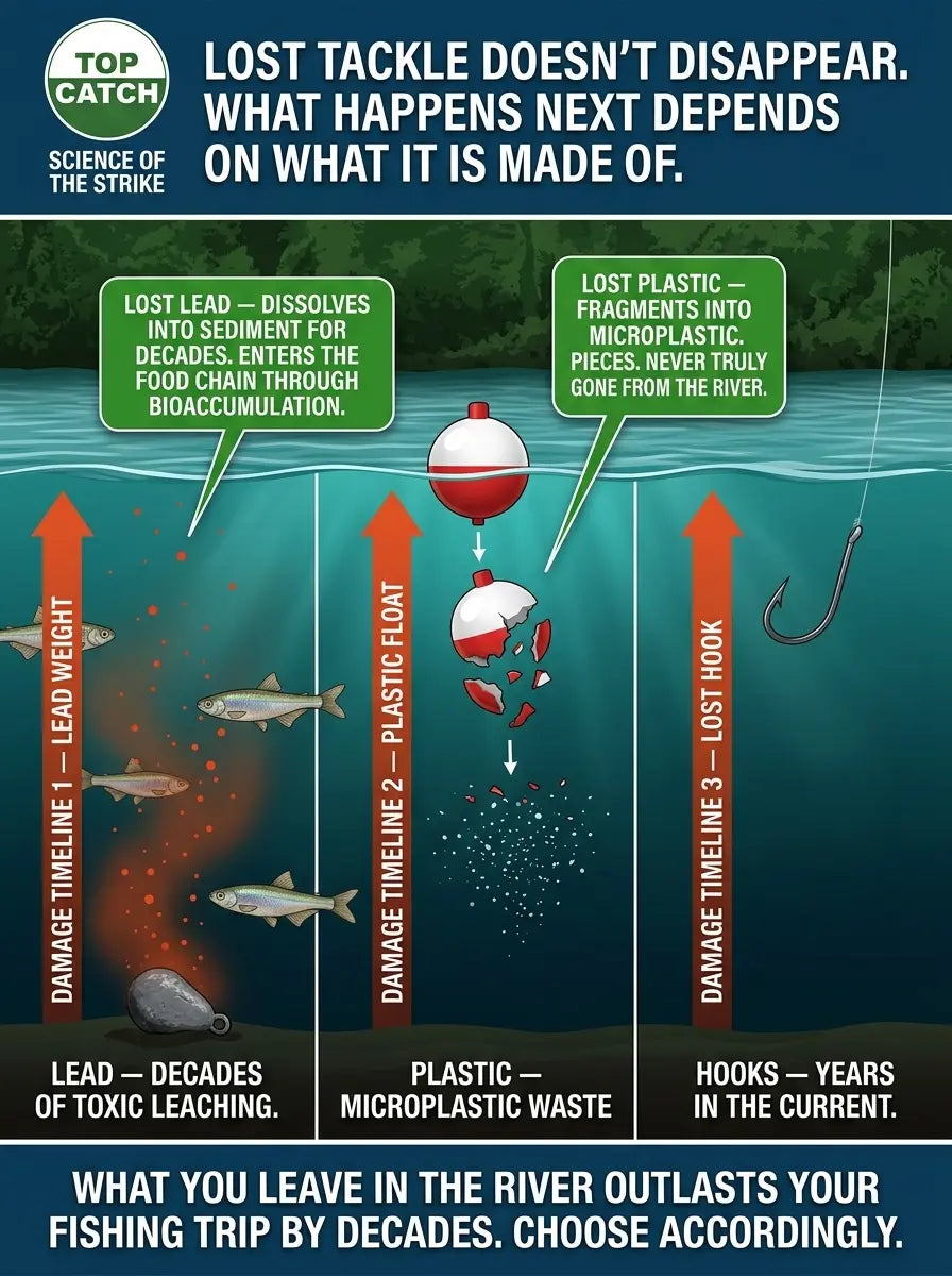 How conventional fishing tackle damages rivers showing lead sediment poisoning plastic microplastic and lost hook environmental impact.