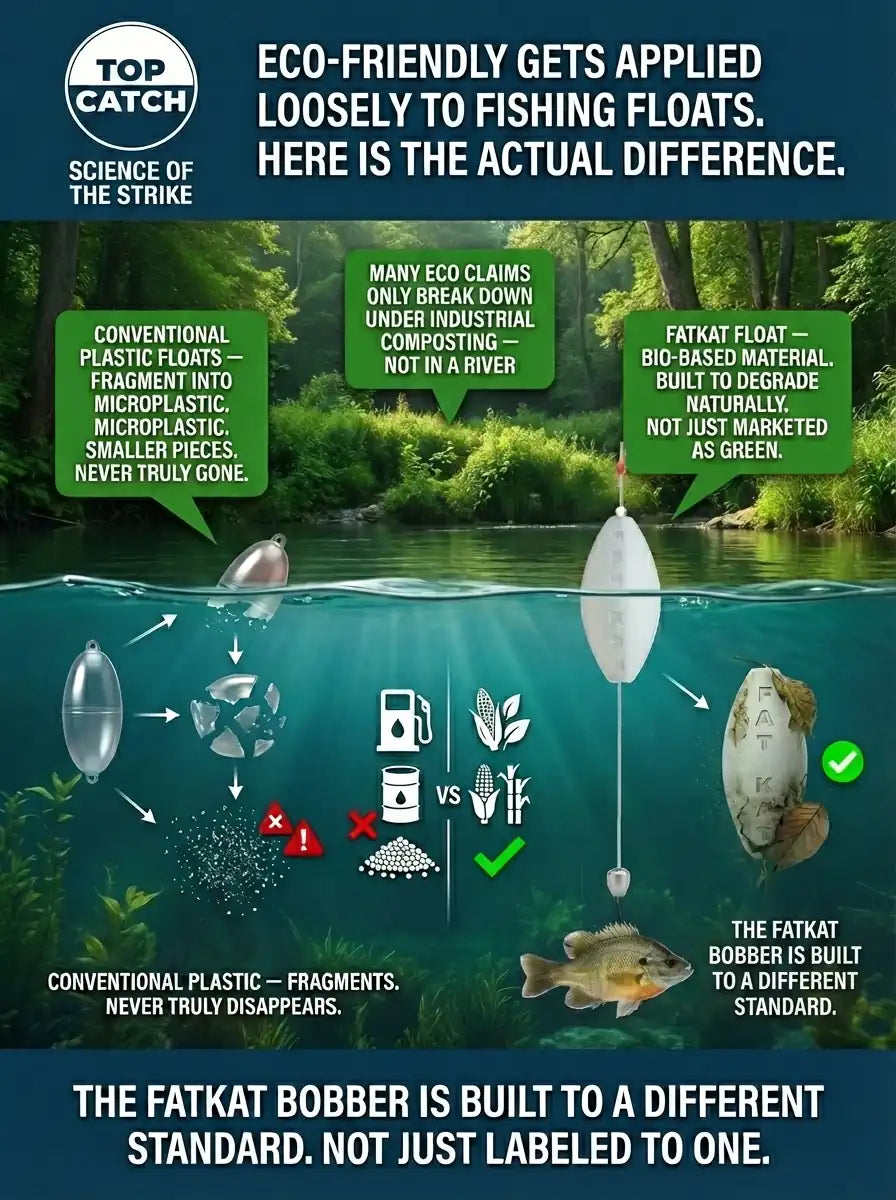 FATKAT bio based float versus plastic fishing bobber comparing natural degradation and microplastic fragmentation in river water.