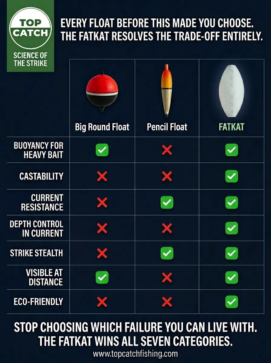 FATKAT bobber versus round float and pencil float seven category comparison showing catfishing performance wins across all metrics.