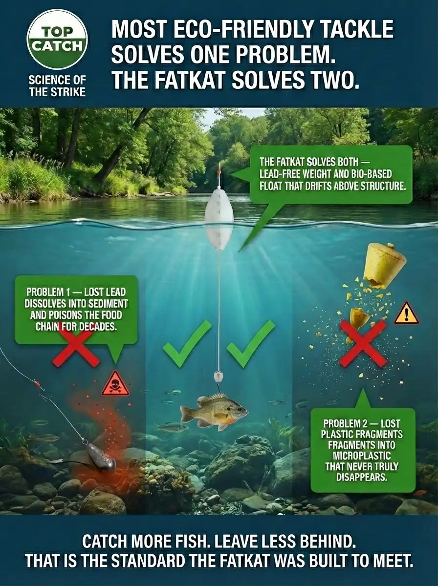 FATKAT drift rig solving lead pollution and plastic microplastic problems versus conventional catfish tackle in river fishing.
