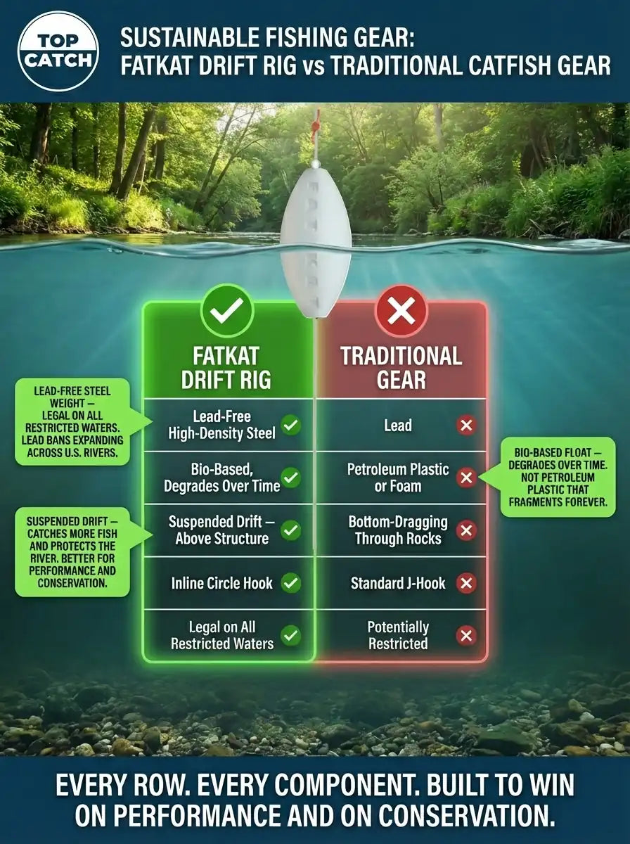 An infographic showing the sustainable fishing advantages of the FATKAT Drift Rig