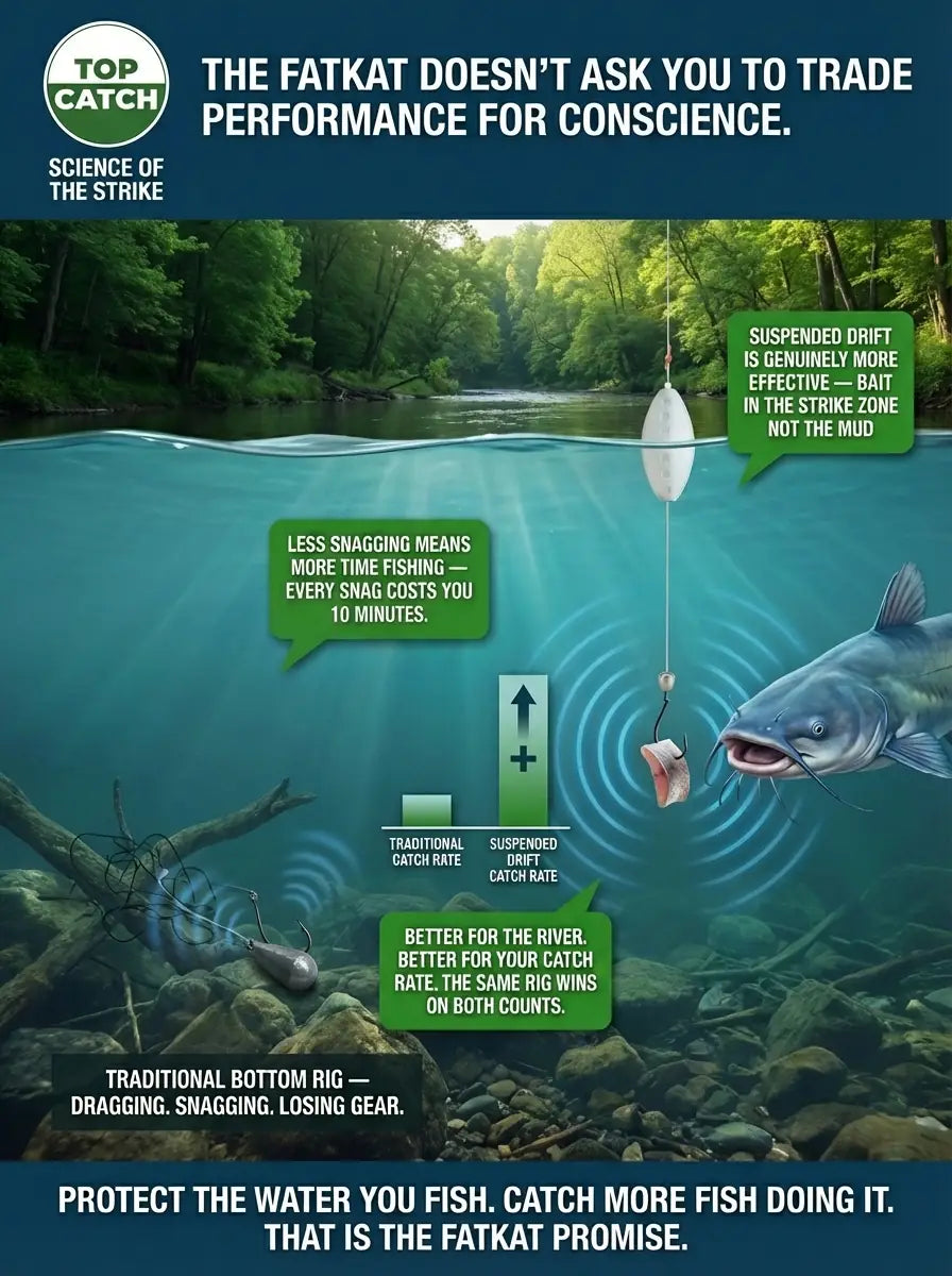 Sustainable catfish fishing showing FATKAT drift rig suspended bait outperforming bottom rig while protecting river ecosystem.