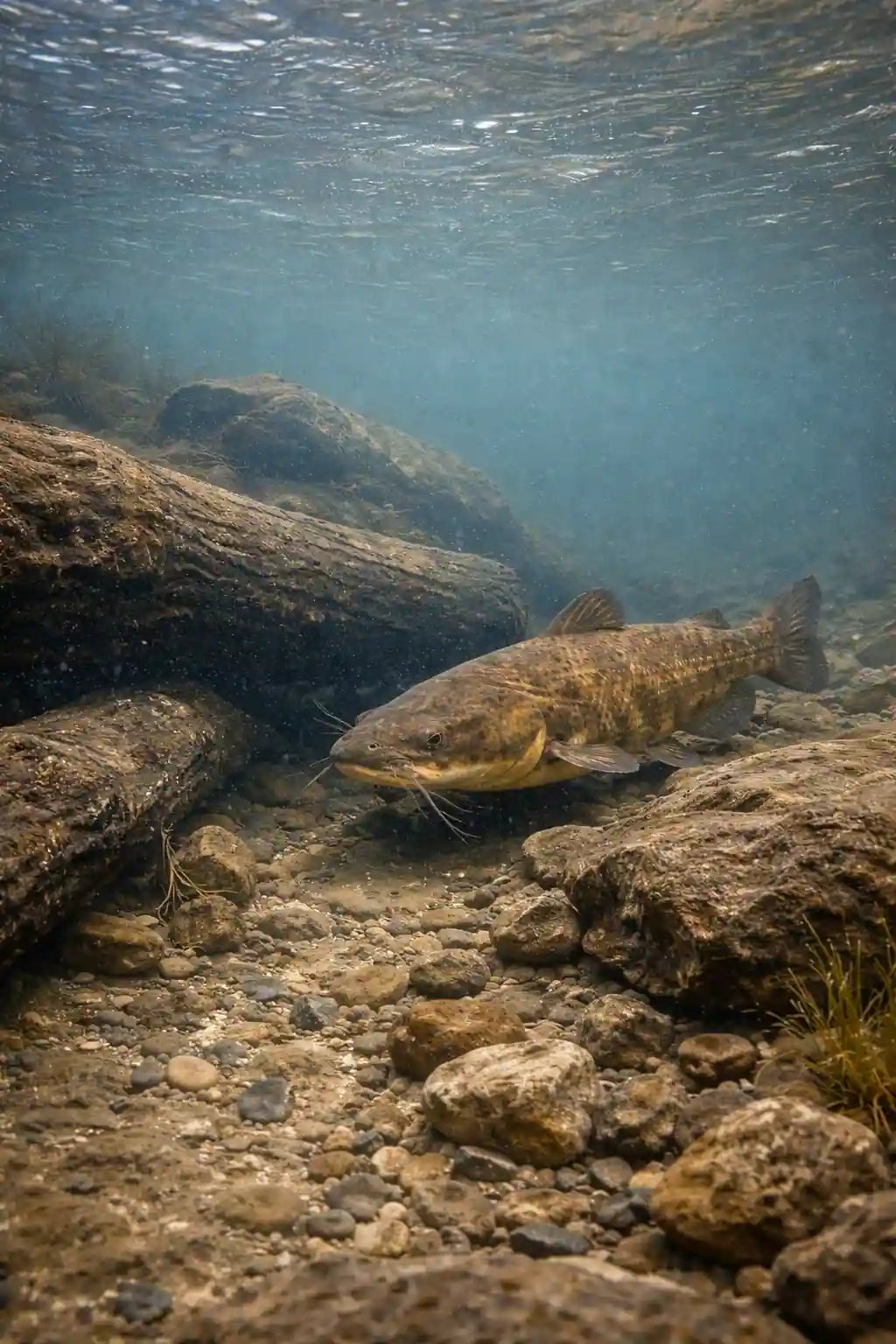 A  flathead catfish swims in a freshwater river during spring, moving naturally as water temperatures rise.
