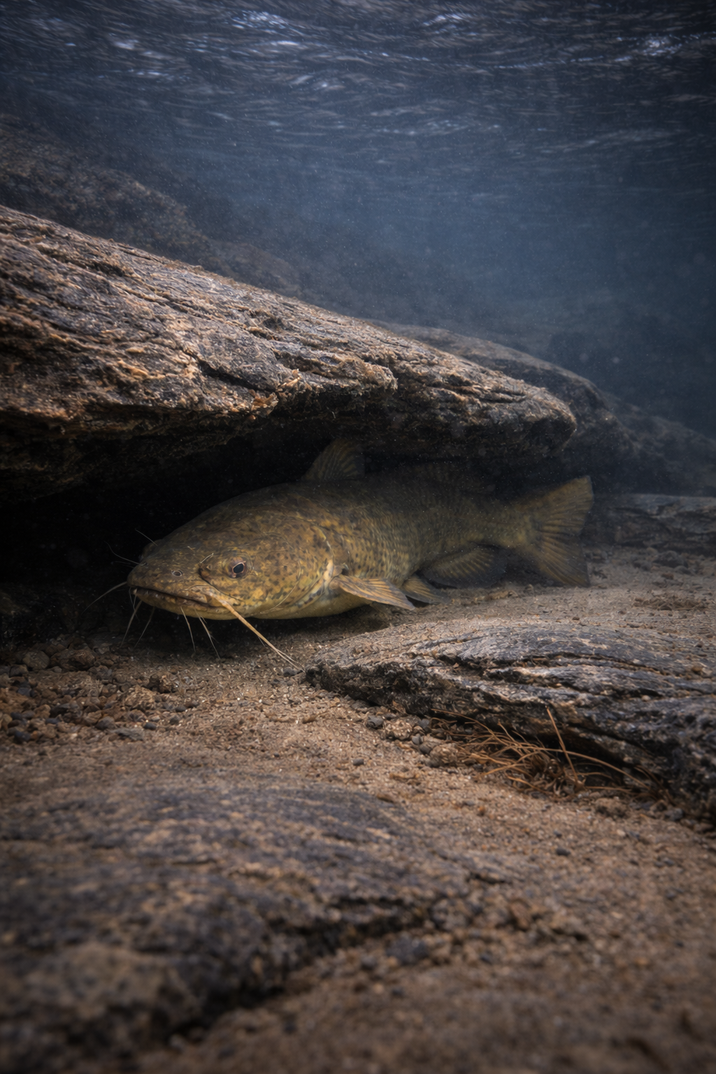 flathead catfish taking cover under a rock shelf