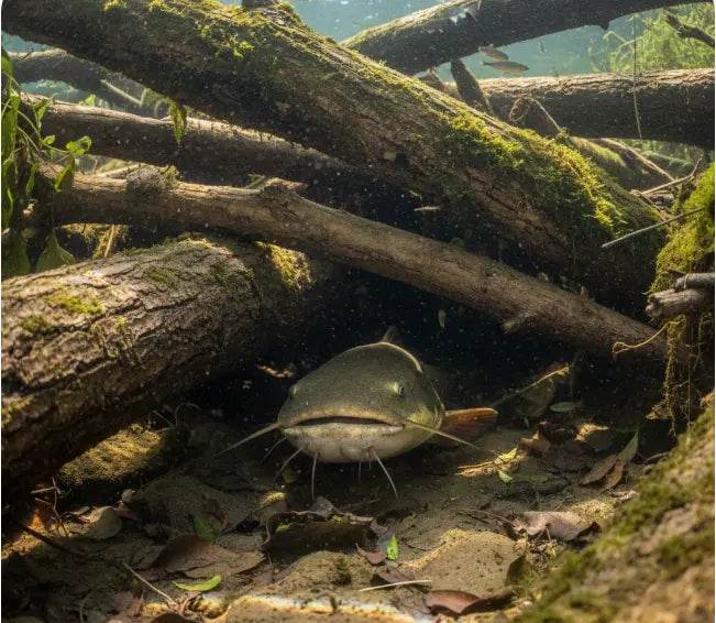 Large river logjam used by flathead catfish as prime ambush cover that allow them to sense vibrations from passing bait using their lateral line