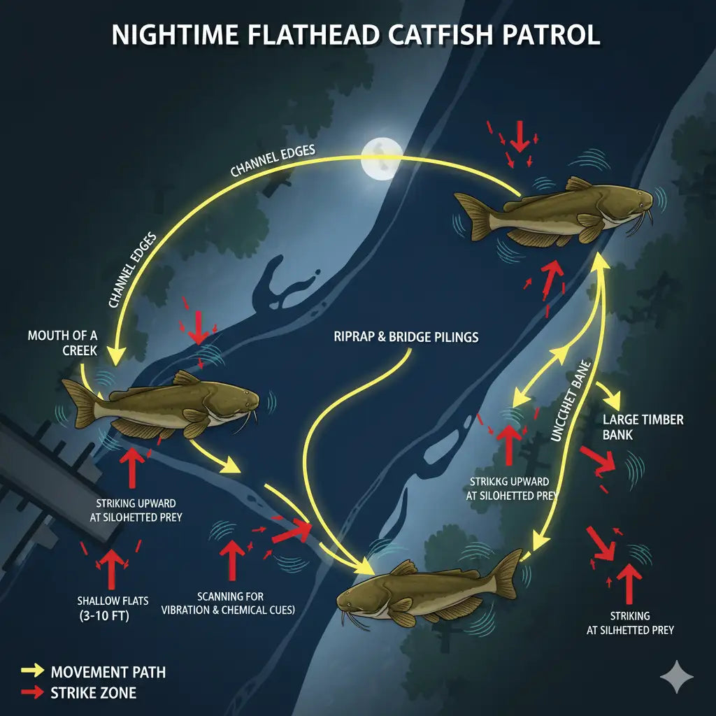 Flathead catfish concealed beneath a submerged log structure.