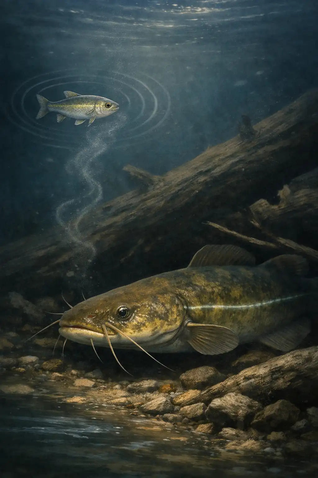 Diagram showing how flathead catfish use vibration and scent to locate suspended live bait near cover