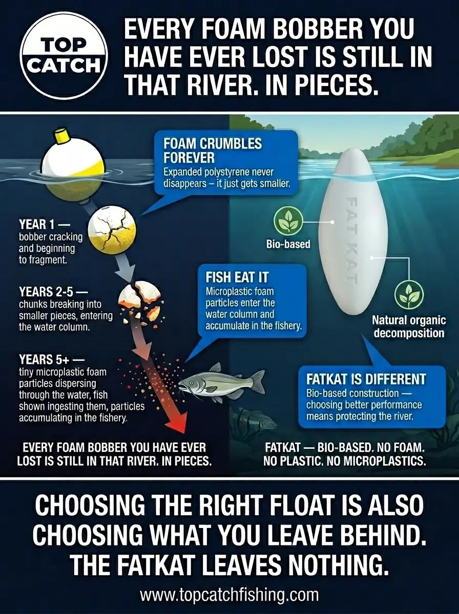Foam bobber river pollution timeline showing microplastic degradation versus FATKAT bio-based bobber leaving no microplastics behind.