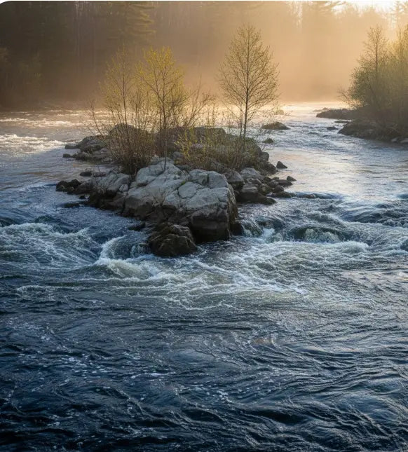 A scenic tidal river at sunrise showing rocky eddies and fast-flowing water, typical of hickory shad spawning habitats.