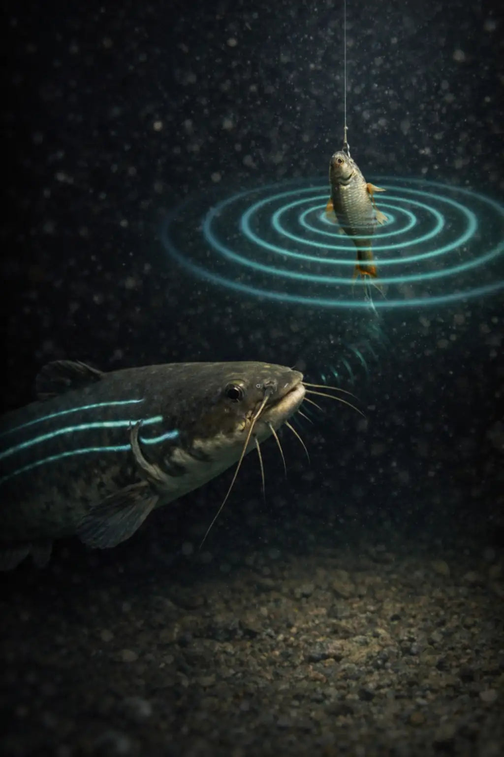 Flathead catfish feeding activity during nighttime hours showing bait struggling and the lateral line of the flathead