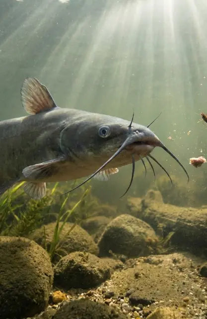 Channel catfish detecting and feeding on drifting minnows, crayfish, and cut bait above a rocky riverbed, highlighting diet and scent-based feeding behavior.