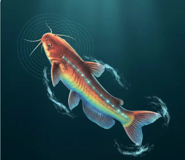 Illustration of hydrodynamic pressure waves around a catfish showing how the lateral line interprets flow patterns.