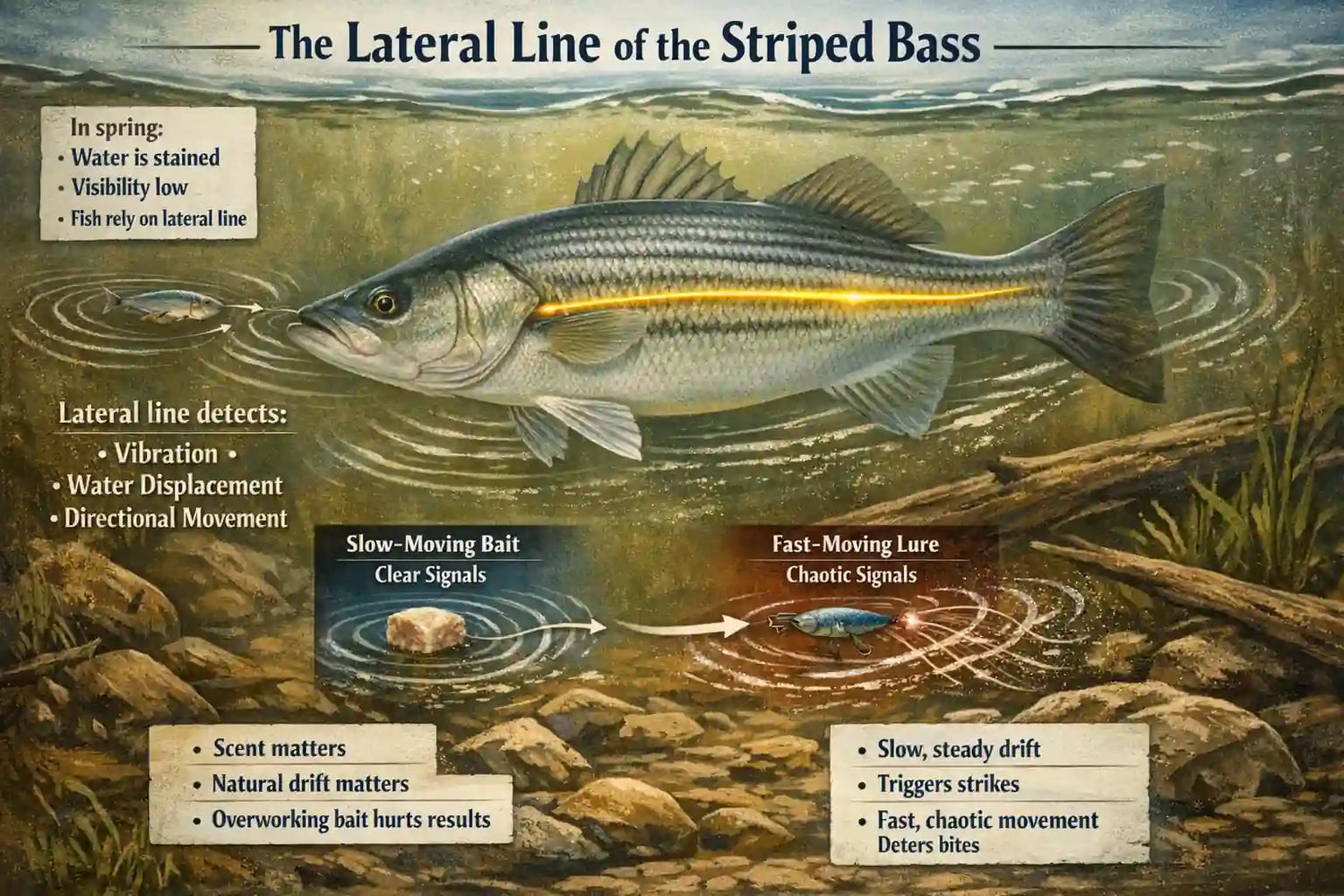 to detect bait in murky spring river waters striped bass use their lateral line to detect vibrations