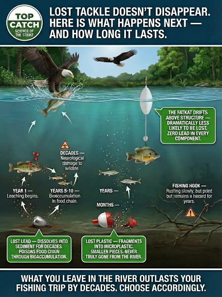 Environmental impact of lost fishing tackle showing lead weight sediment poisoning and plastic microplastic in river ecosystems.