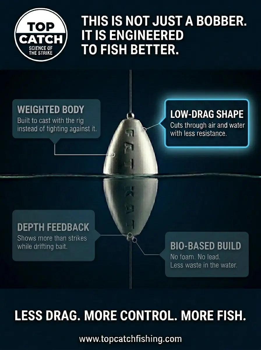 Low-drag catfish float with streamlined shape designed to reduce resistance in air and moving water.
