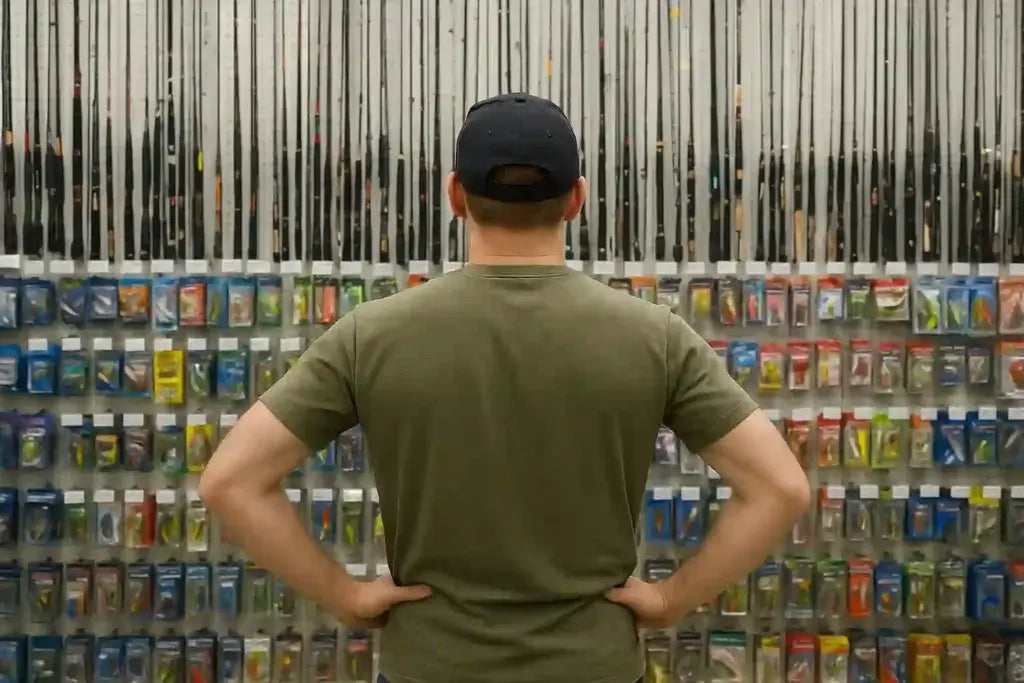 Image of a fisherman at a big box store staring at a few catfish setups