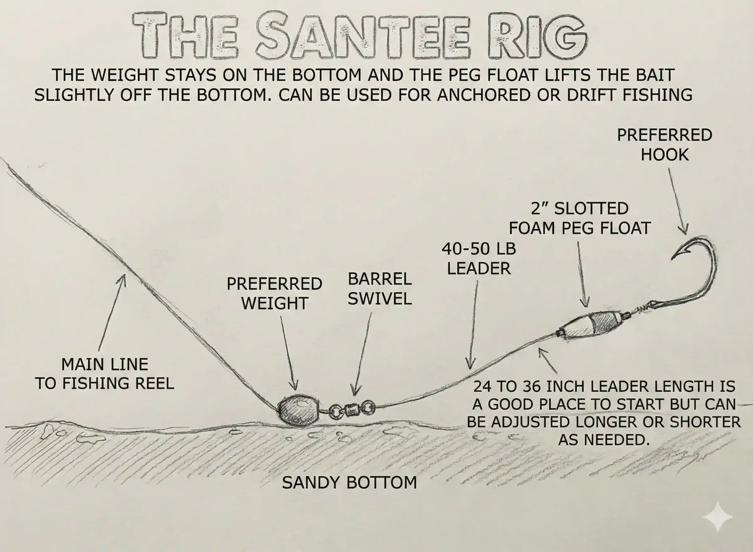 Santee Cooper rig diagram showing foam float, leader, and hook setup for catfish fishing