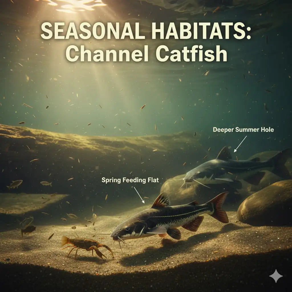 Channel catfish feeding in mid-water over a shallow spring river flat, with deeper pools and logs in the background, illustrating seasonal changes in feeding behavior.