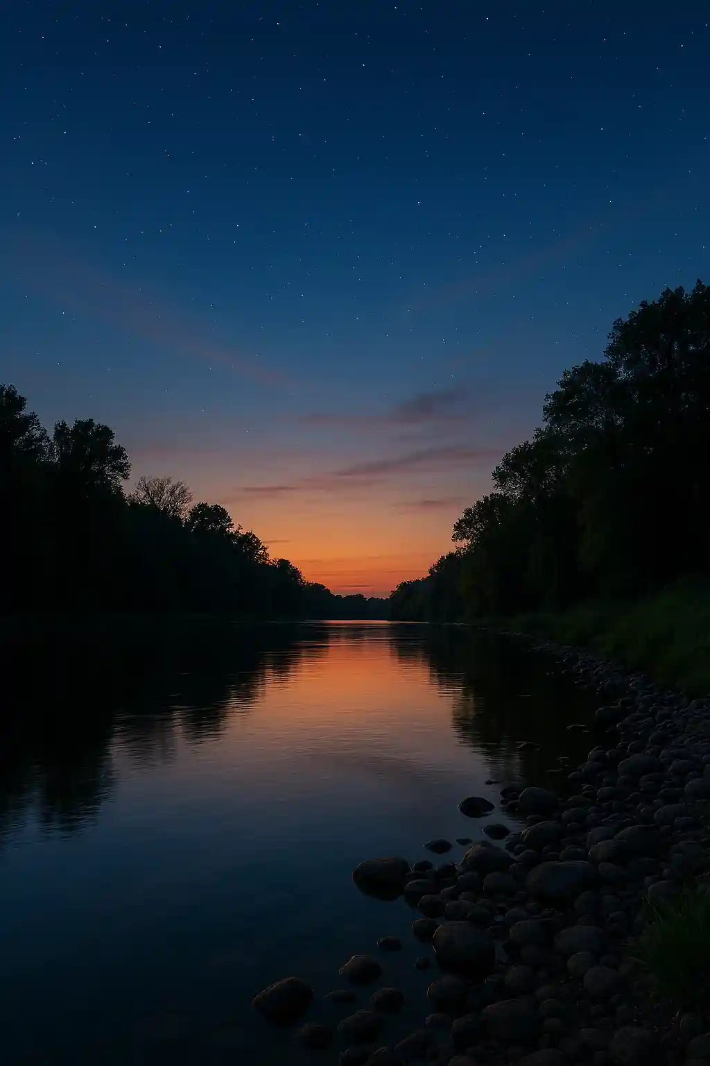 A serene and clean fishing river at dusk rocky shore stars above reflection of sunset on water