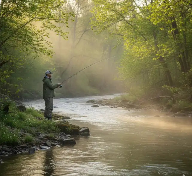 Spring catfish fishing from the bank of a freshwater river