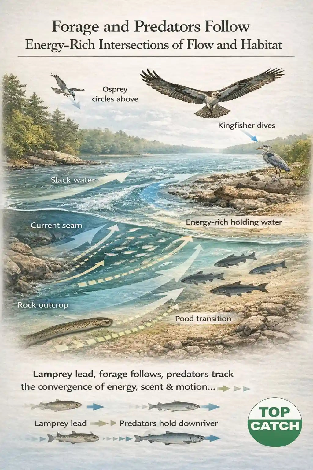 Educational diagram showing striped bass and forage fish using current seams, slack water, and energy-rich holding areas during the spring run in a tidal river ecosystem.