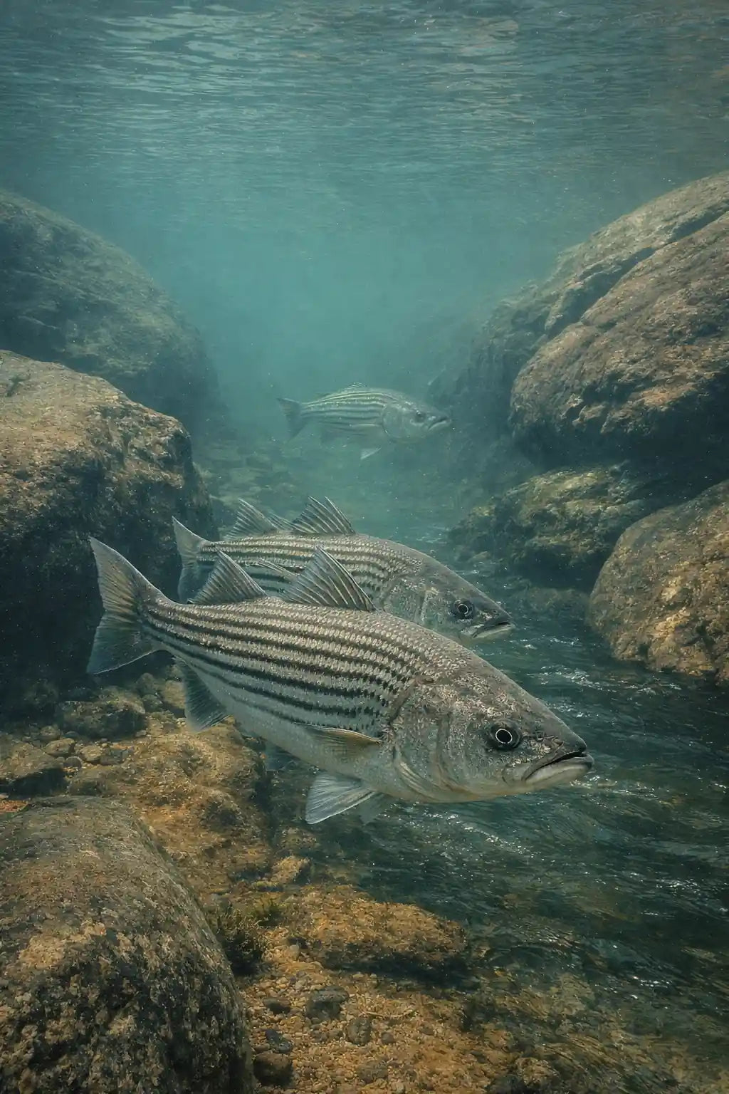 Spring striper waiting near the seam to strike drifting bait.