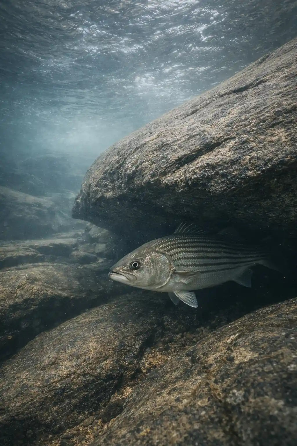 Striped bass holding under granite bedrock in the James River during the spring freshwater run.