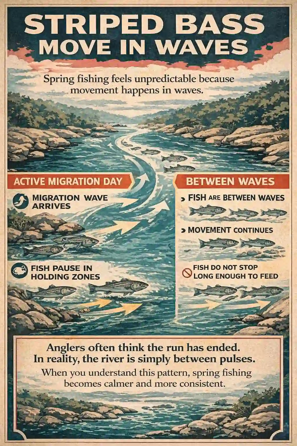 WPA-style infographic showing striped bass migration in waves, comparing active migration days when fish pause and feed in holding zones with periods between waves when fish continue moving through the river