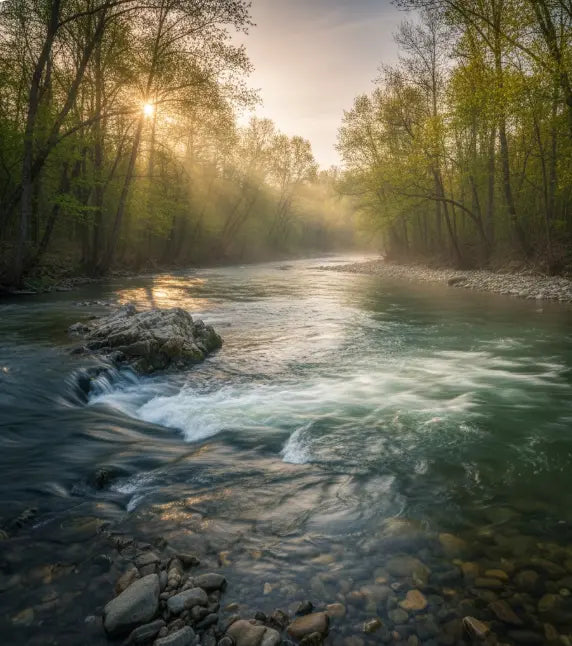 A scenic Atlantic tidal tributary at sunrise showing rocky eddies and fast-flowing water, typical of holding area for white and yellow perch