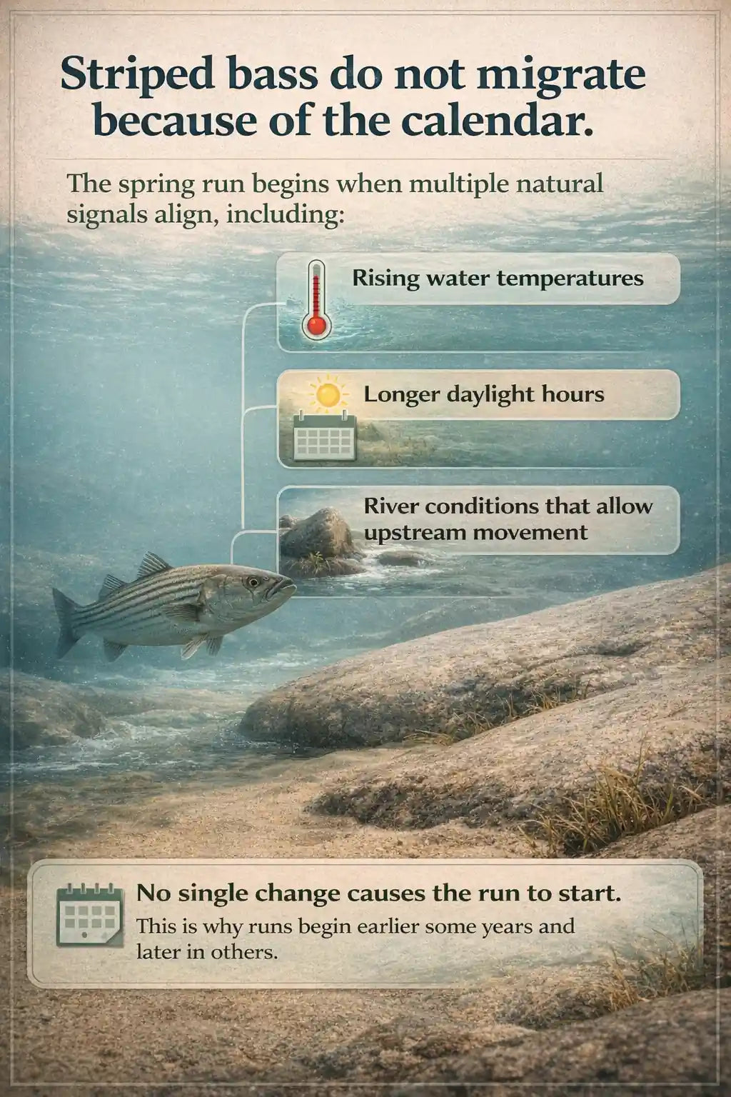 Infographic explaining that striped bass spring migration begins when natural signals align, including rising water temperatures, longer daylight hours, and favorable river conditions, rather than a fixed calendar date.
