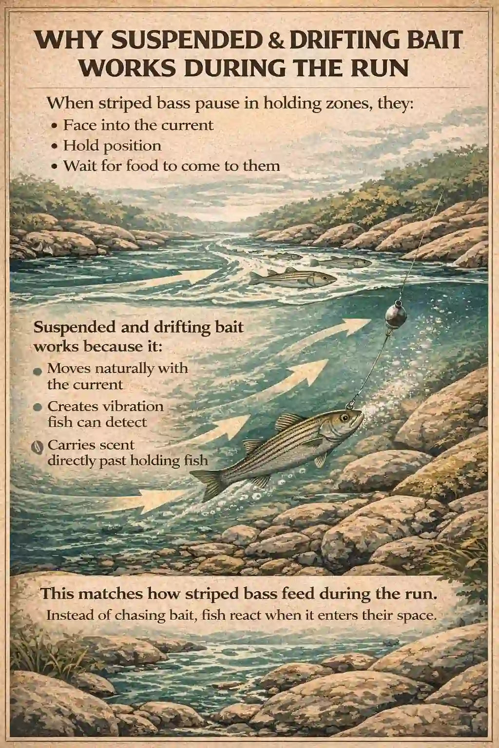 Fishing diagram showing why suspended and drifting bait works for spring striped bass. Illustration depicts a striped bass facing into current in a holding zone while drifting bait moves naturally with water flow, creating vibration and carrying scent directly to the fish. Shows that bass conserve energy by holding position and reacting to bait entering their strike zone rather than chasing prey.