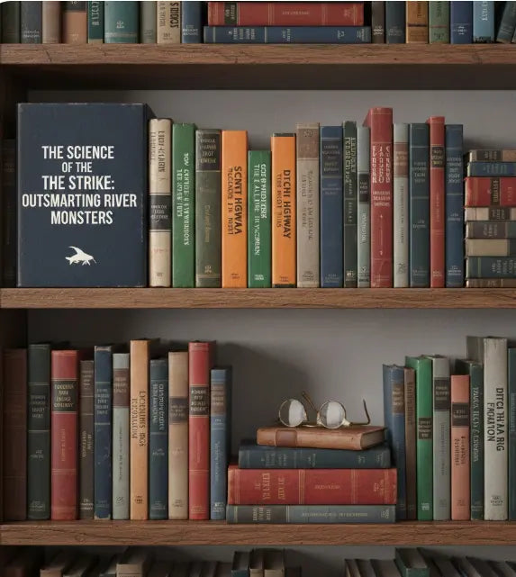 Bookshelf of the fishing related books and design principles for the FATKAT Drift Rig