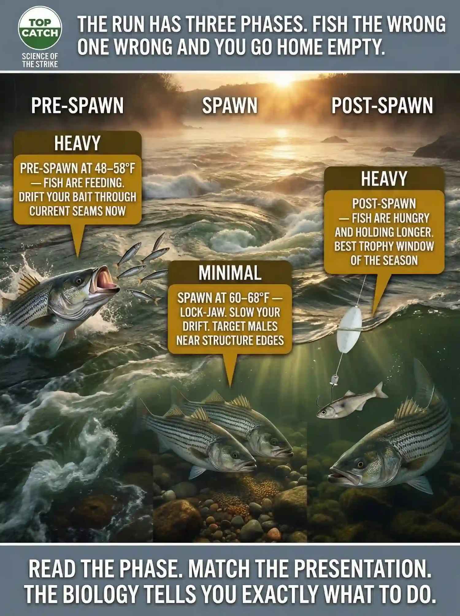 Infographic showing the three behavioral phases of striped bass during the spring tidal river run — pre-spawn, spawn, and post-spawn — with water temperature triggers and FATKAT Drift Rig presentation strategy for each phase.