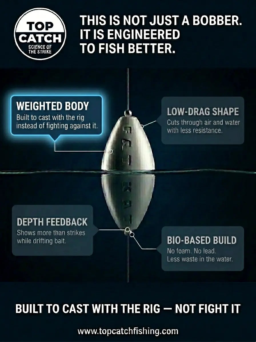 Weighted catfish bobber designed for longer casts with less air drag than round foam floats.