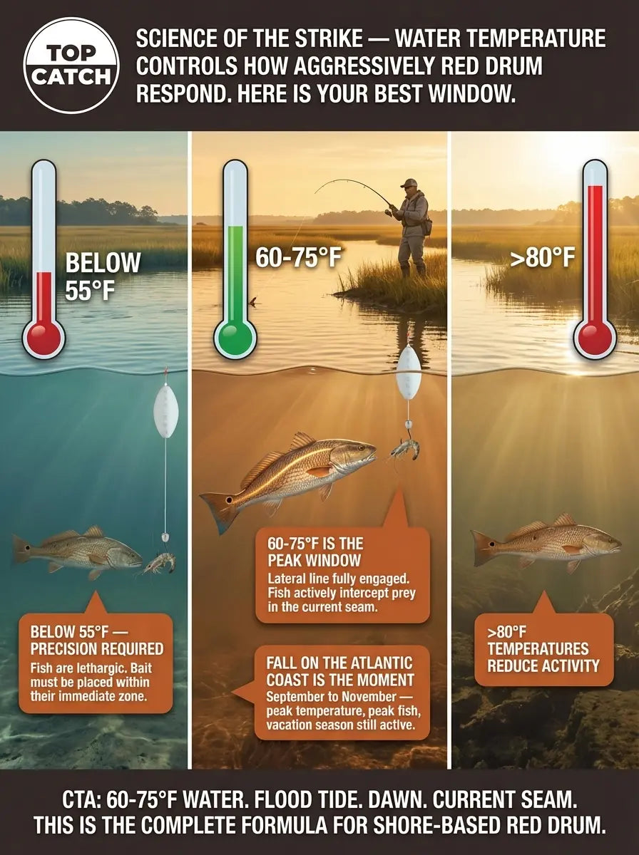 Science of the Strike infographic showing water temperature effects on red drum feeding behavior and lateral line responsiveness — three-panel comparison of cold below-55°F lethargic behavior, optimal 60-75°F peak feeding with active fish and bent rod on FATKAT Drift Rig, and above-80°F summer heat with reduced shallow water activity, establishing the fall Atlantic coast temperature window as the best shore-based fishing period.
