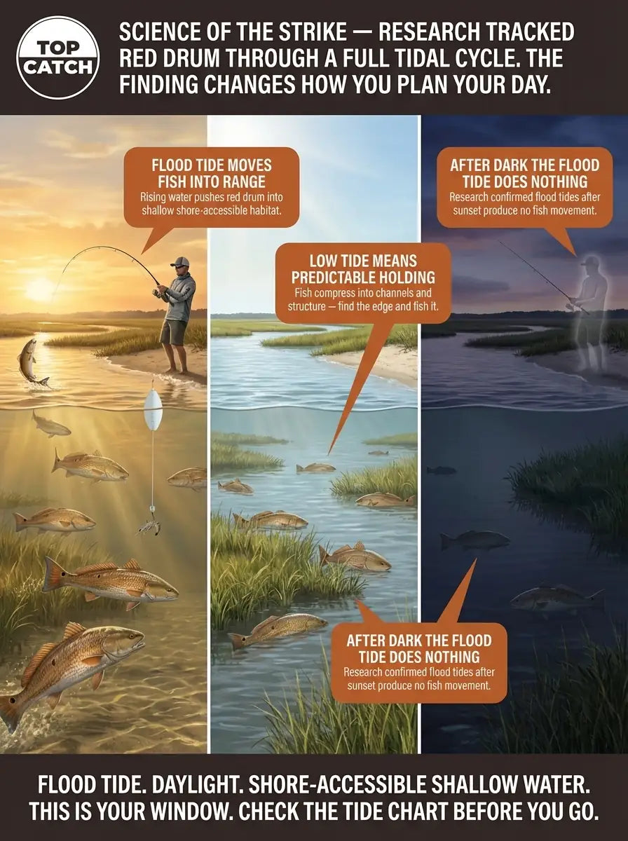 Science of the Strike infographic showing research-confirmed red drum tidal movement patterns — three-panel comparison of flood tide at dawn with active fish pushing into shallow water and bent rod, midday slack tide with moderate activity, and flood tide after sunset with stationary fish and no movement, establishing the daylight flood tide as the highest-percentage window for shore-based anglers.