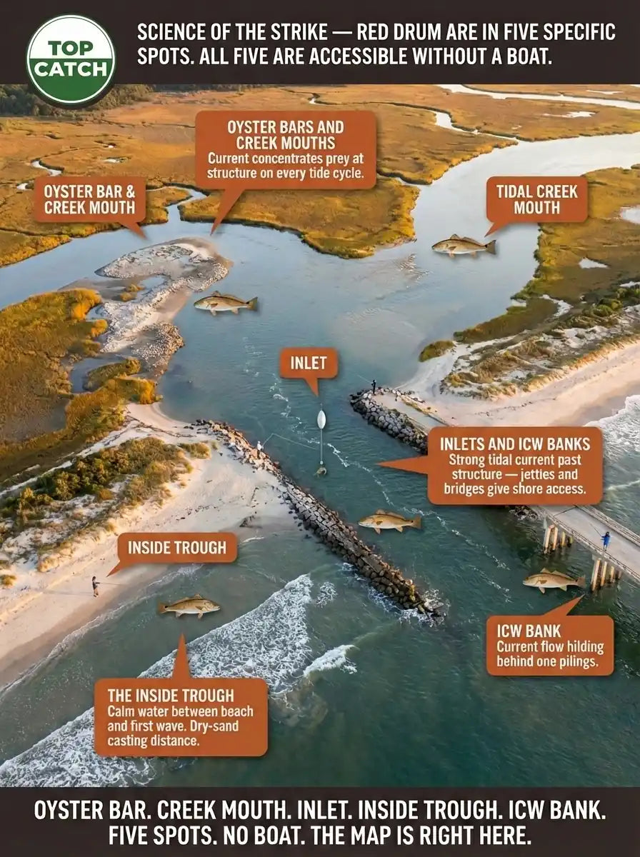Science of the Strike infographic showing five shore-accessible red drum holding locations in tidal coastal environments — aerial composite map with oyster bar downstream edge, tidal creek mouth, inlet current seam with jetty angler, inside trough with beach angler, and ICW bridge bank, all without a boat, with FATKAT Drift Rig shown at the inlet current seam.