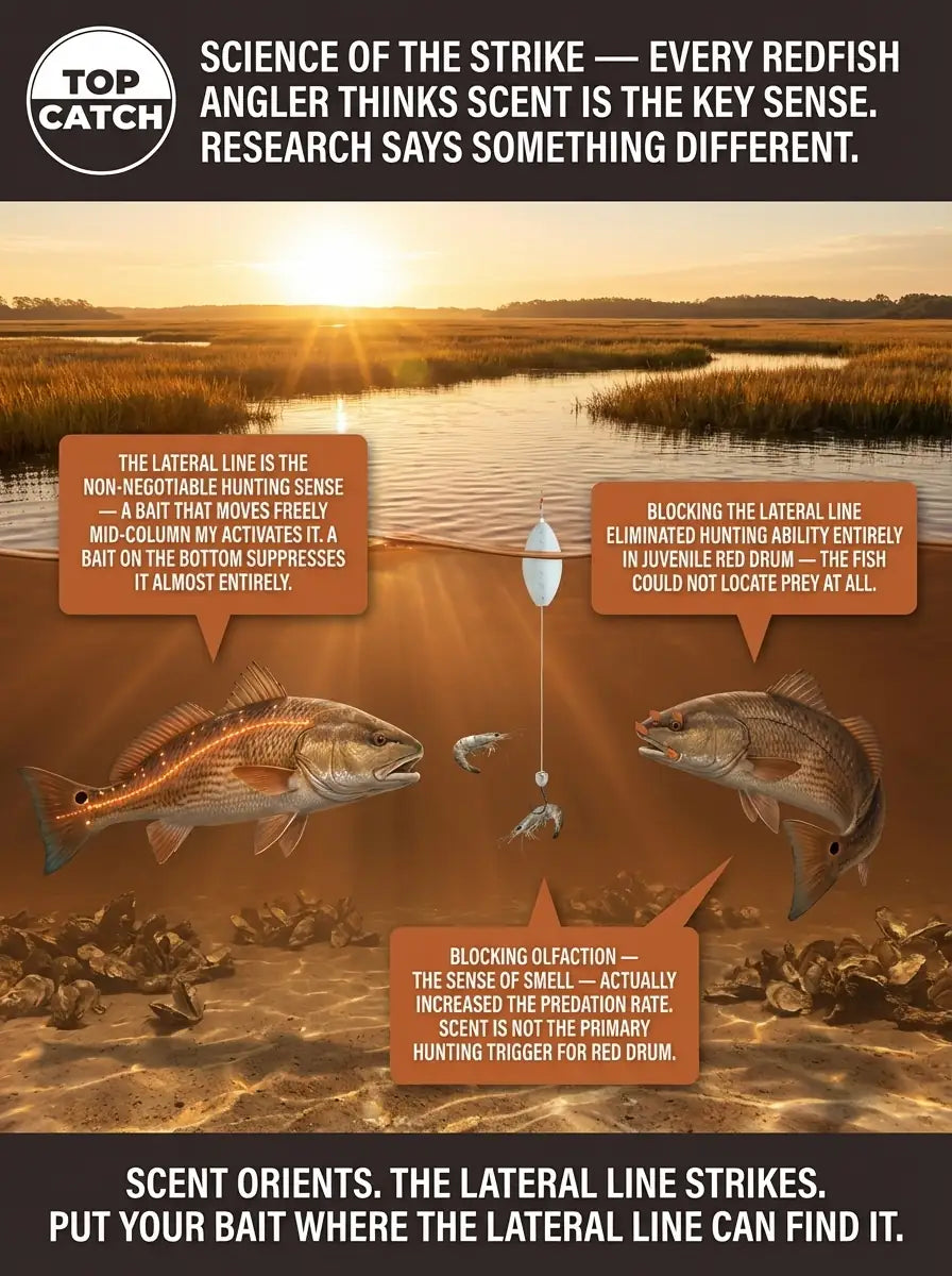 Science of the Strike infographic showing research-confirmed lateral line dominance in red drum hunting behavior — split visualization of active lateral line illuminated on hunting fish versus blocked lateral line producing disoriented non-hunting behavior, with FATKAT Drift Rig suspended mid-column activating the lateral line in tidal creek water.
